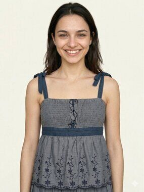 Annabelle Smocked Bodice Top with Delicate Floral Embroidery - Size S